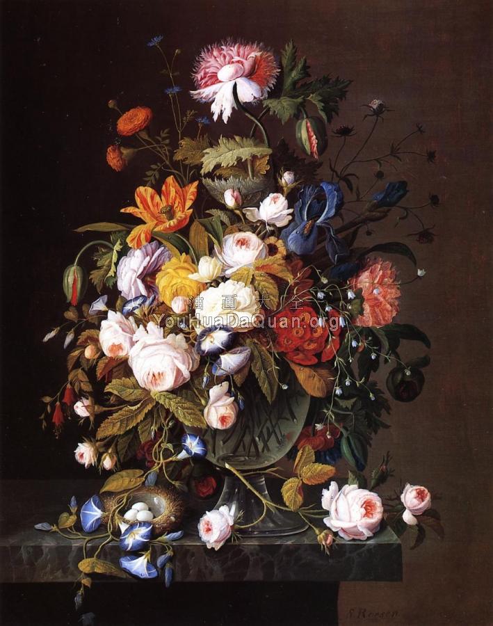Floral Still Life with Bird's Nest - 塞维林·罗森